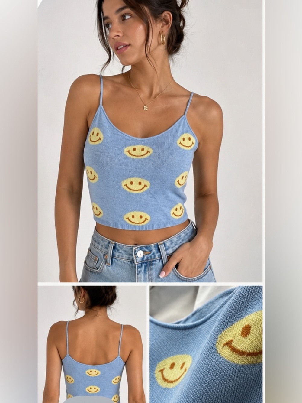 Baevley Blue Smiley Face Knit Crop Cami Top Size L Y2K